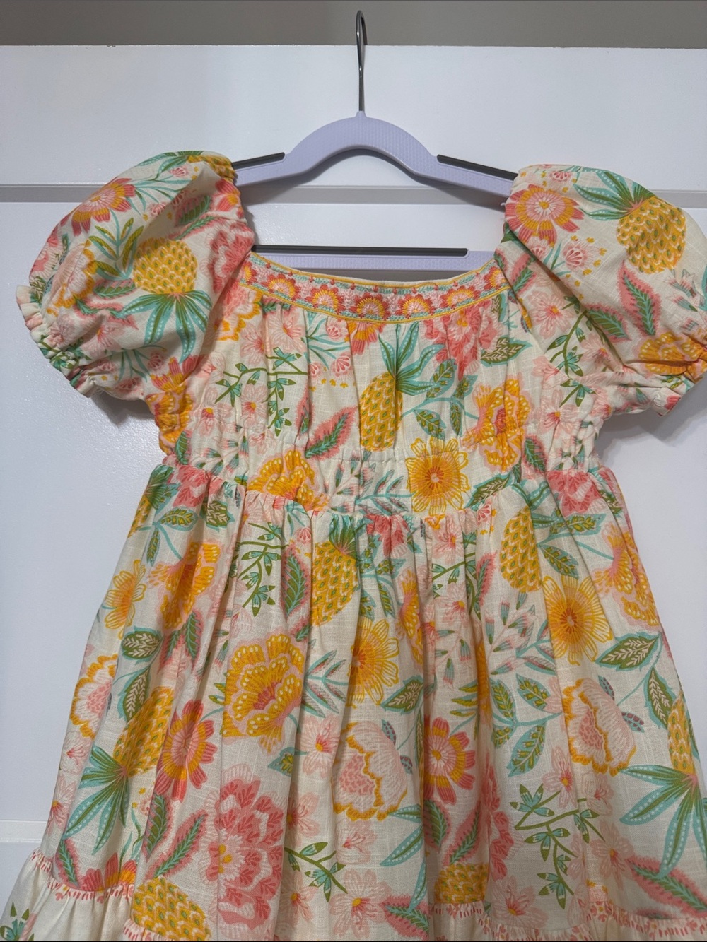 Rachel Zoe Cream Floral & Yellow Pineapple Smocked Puff-Sleeve Dress - Picture 3 of 6